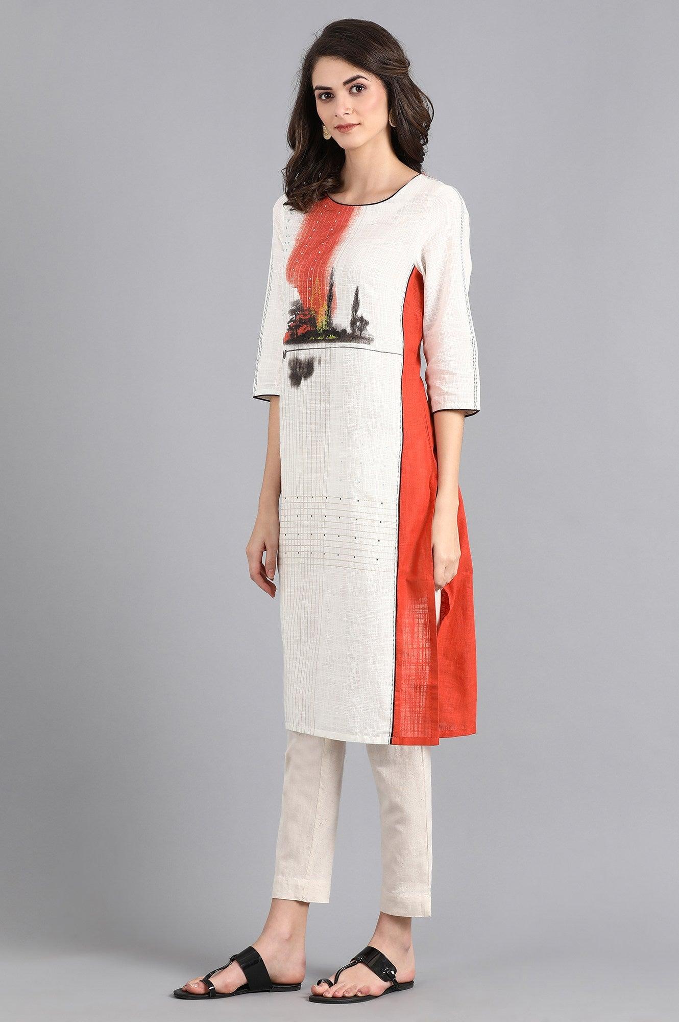 Orange &amp; White Round Neck Printed kurta - wforwoman