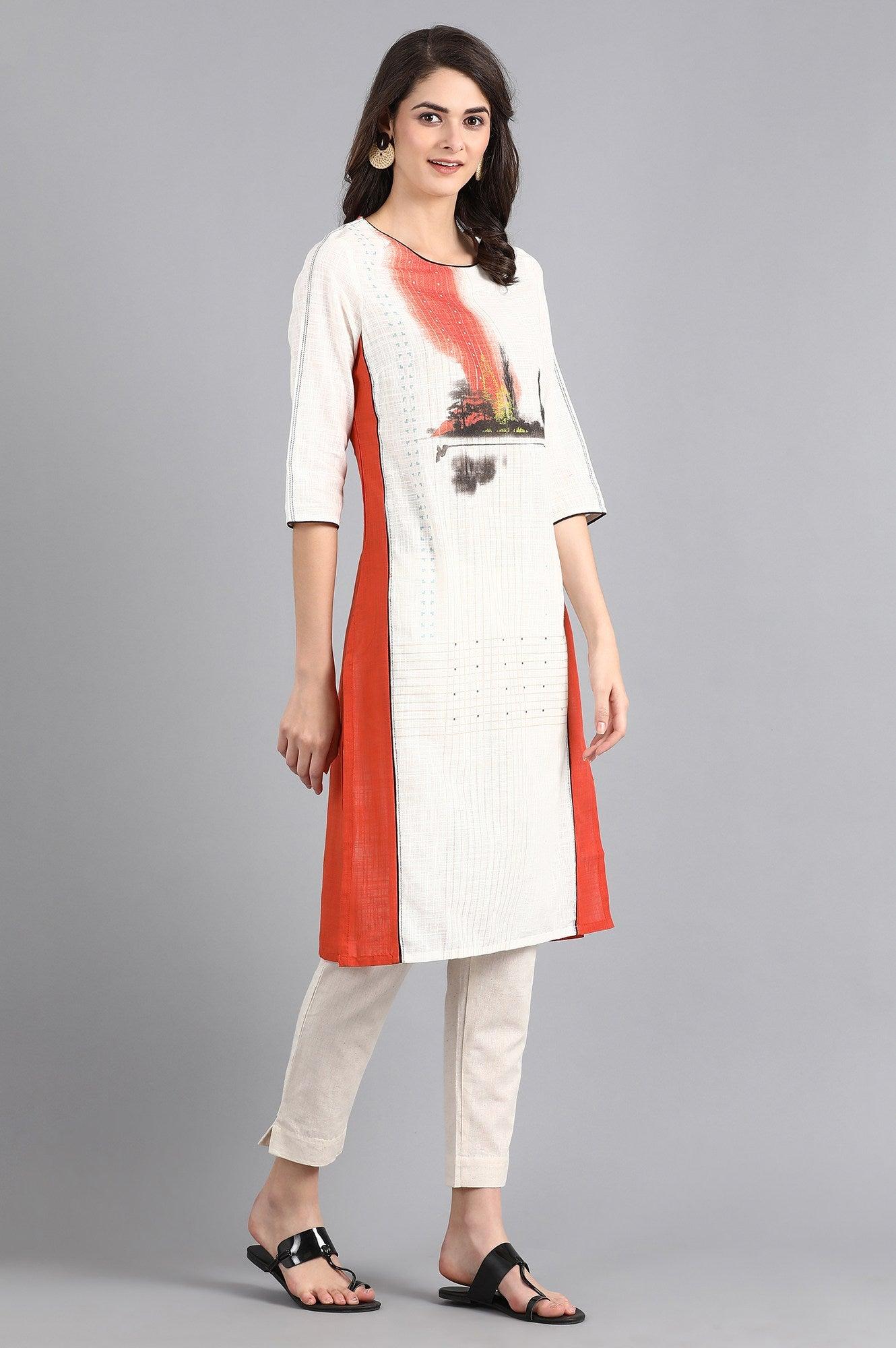 Orange &amp; White Round Neck Printed kurta - wforwoman