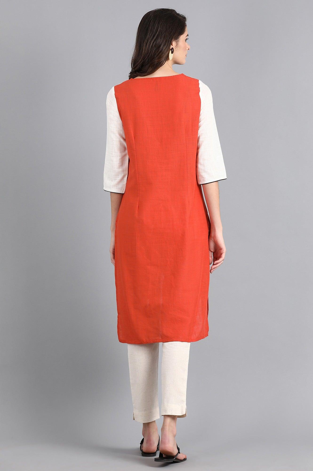 Orange &amp; White Round Neck Printed kurta - wforwoman