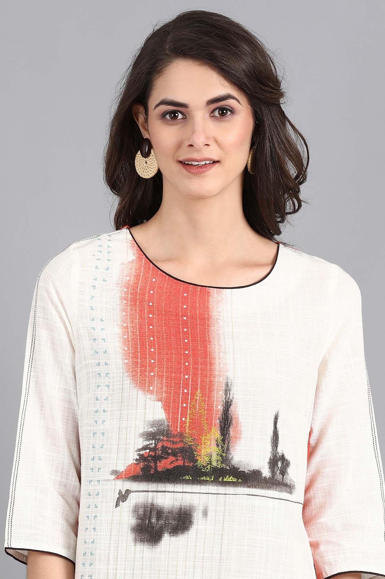 Orange &amp; White Round Neck Printed kurta - wforwoman