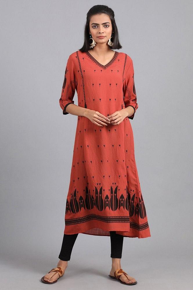 Deep Orange V-Neck Printed kurta - wforwoman