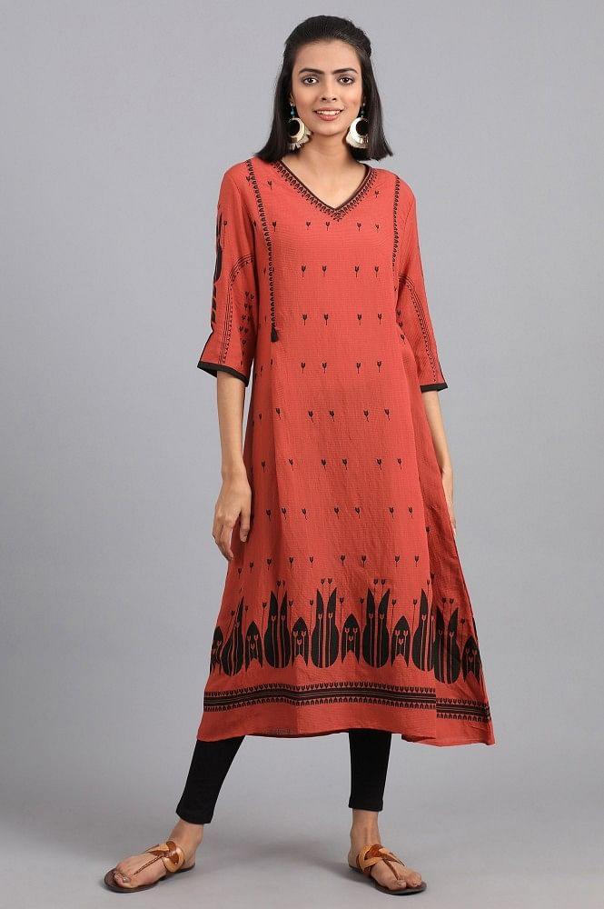Deep Orange V-Neck Printed kurta - wforwoman