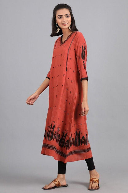 Deep Orange V-Neck Printed kurta - wforwoman