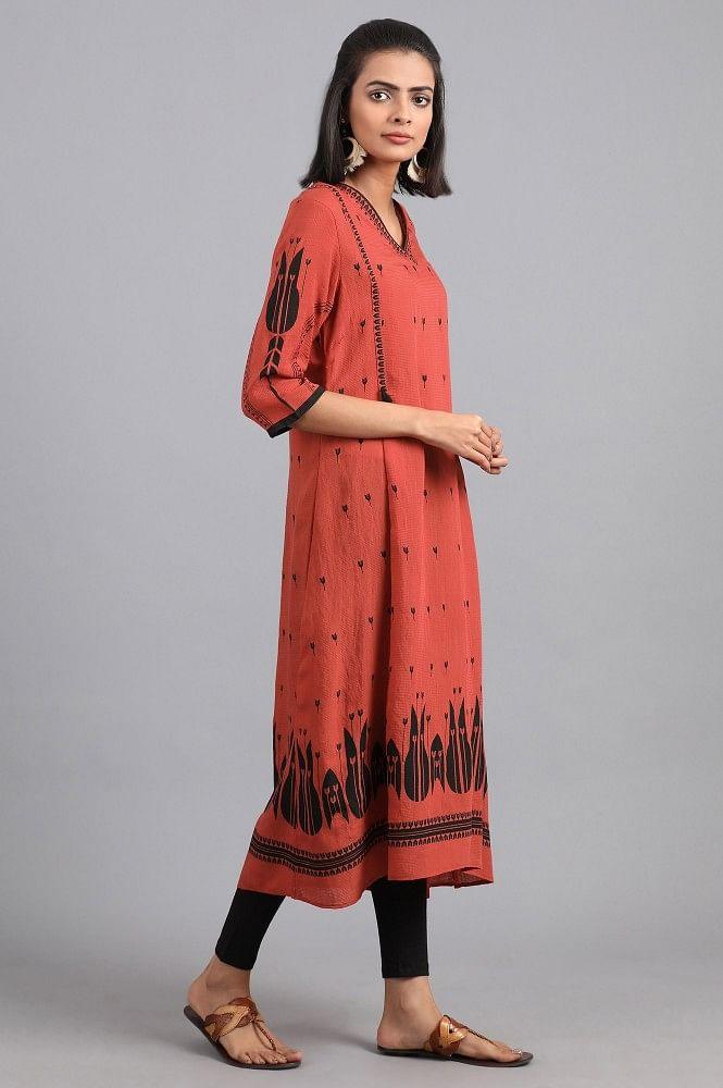 Deep Orange V-Neck Printed kurta - wforwoman