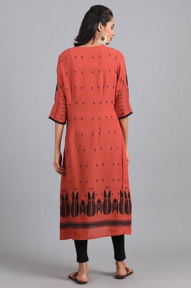Deep Orange V-Neck Printed kurta - wforwoman