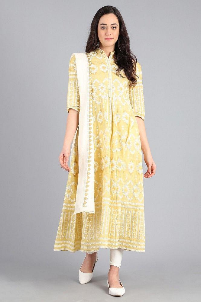Yellow Collar Neck Yarn-dyed kurta - wforwoman