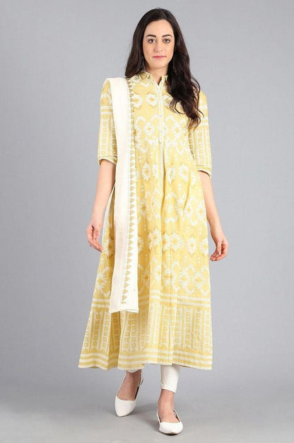 Yellow Collar Neck Yarn-dyed kurta - wforwoman