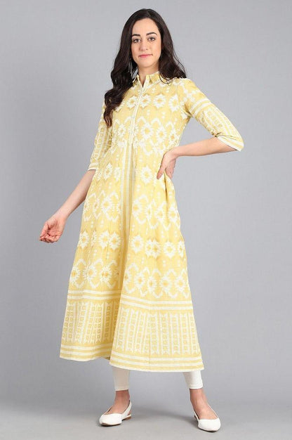 Yellow Collar Neck Yarn-dyed kurta - wforwoman