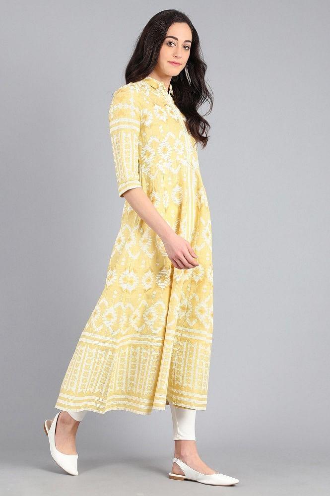 Yellow Collar Neck Yarn-dyed kurta - wforwoman