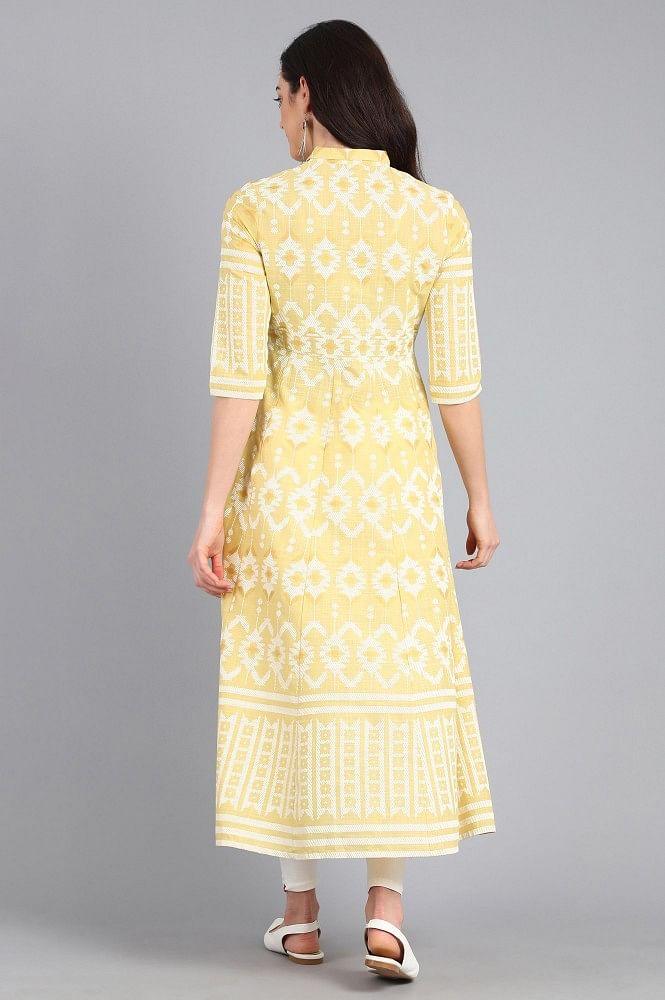 Yellow Collar Neck Yarn-dyed kurta - wforwoman