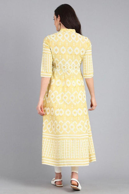 Yellow Collar Neck Yarn-dyed kurta - wforwoman