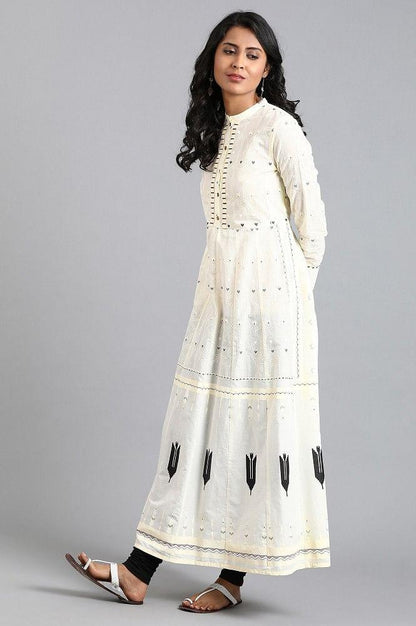 White Mandarin Neck Printed kurta - wforwoman