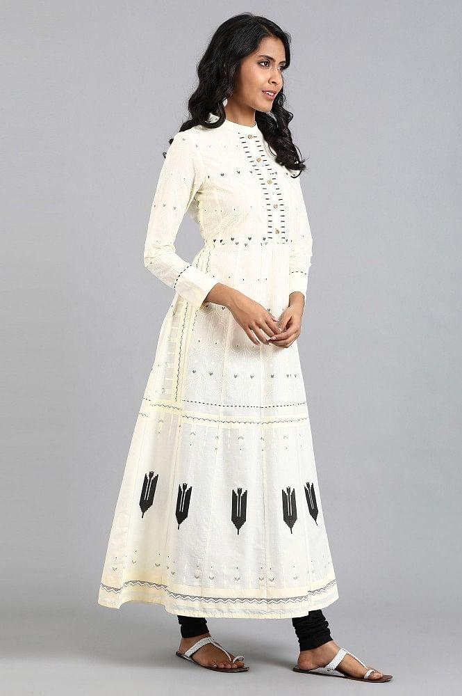 White Mandarin Neck Printed kurta - wforwoman