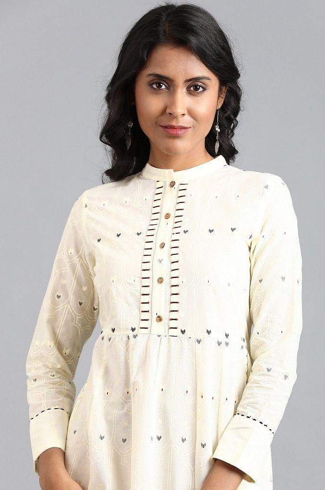White Mandarin Neck Printed kurta - wforwoman