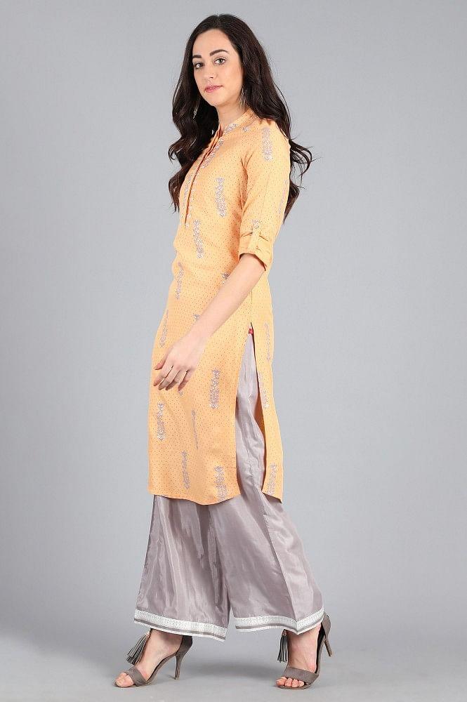 Orange Mandarin Neck Printed kurta - wforwoman
