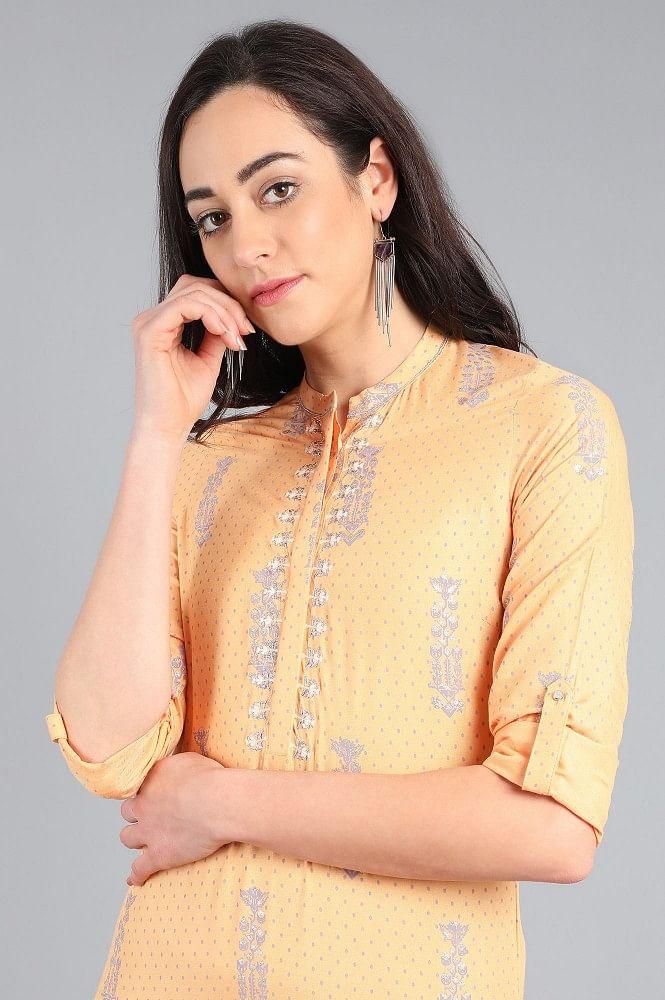 Orange Mandarin Neck Printed kurta - wforwoman