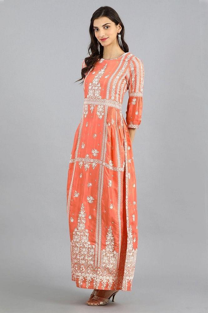 Peach Round Neck Printed kurta - wforwoman