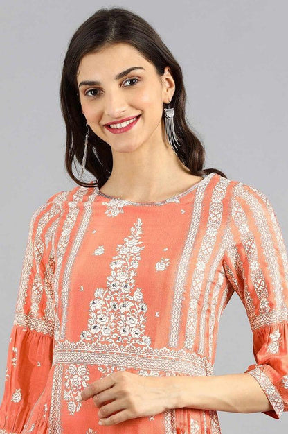 Peach Round Neck Printed kurta - wforwoman