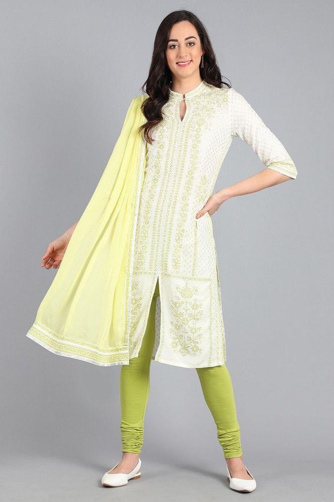 Green Mandarin Neck Printed kurta - wforwoman