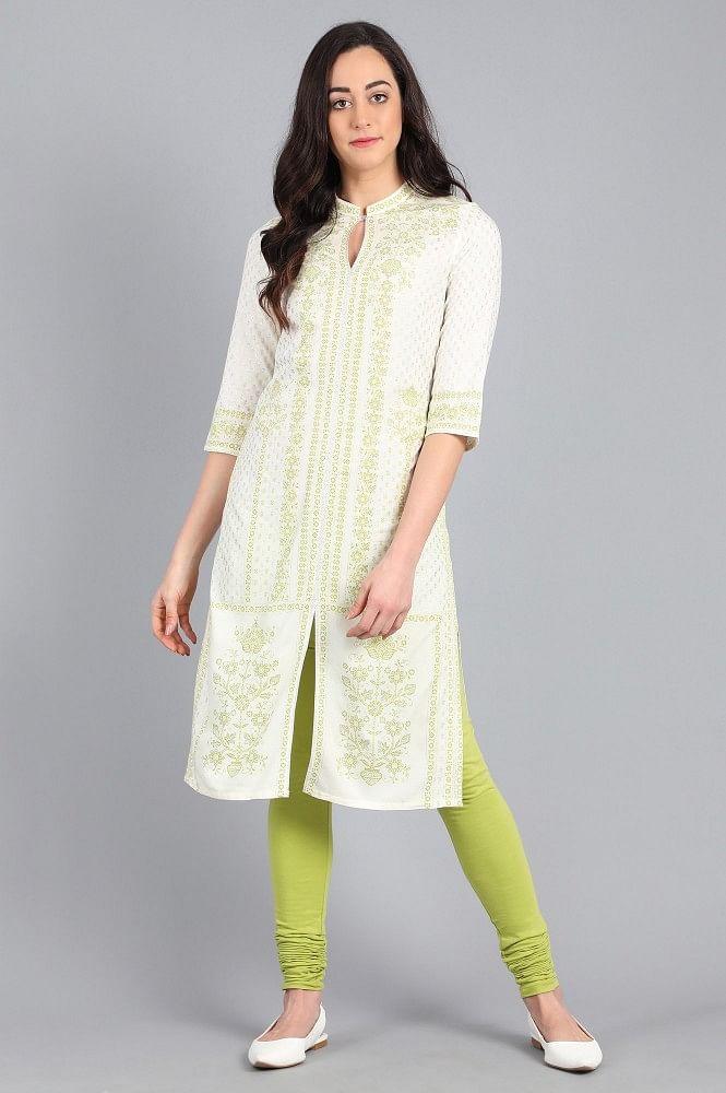 Green Mandarin Neck Printed kurta - wforwoman