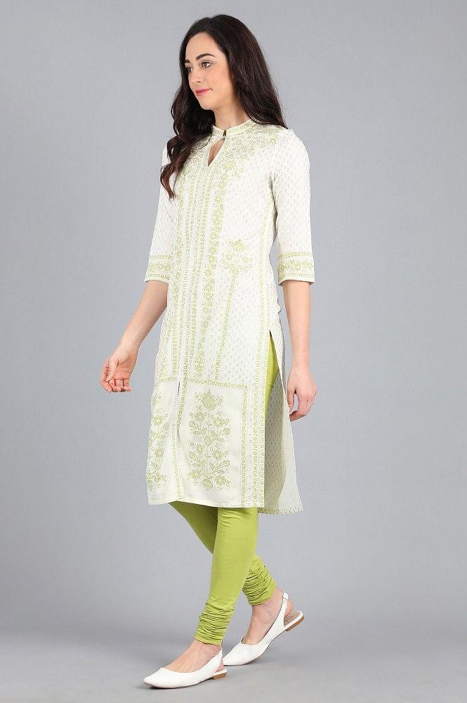 Green Mandarin Neck Printed kurta - wforwoman