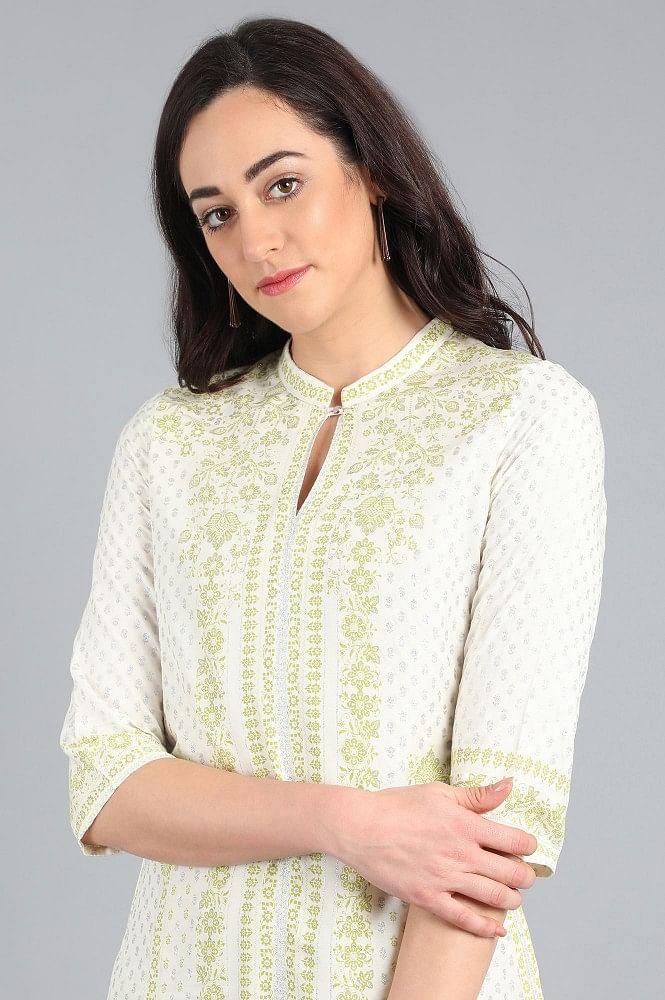 Green Mandarin Neck Printed kurta - wforwoman
