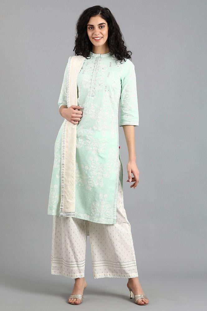 Blue Mandarin Neck Printed kurta - wforwoman