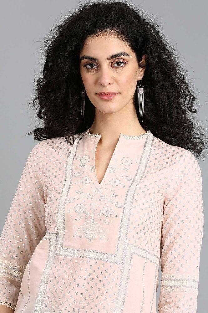 Pink Mandarin Neck Printed kurta - wforwoman
