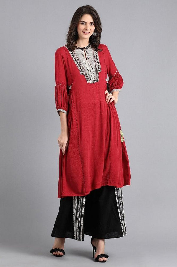 Red Mandarin Neck Tie-Up kurta