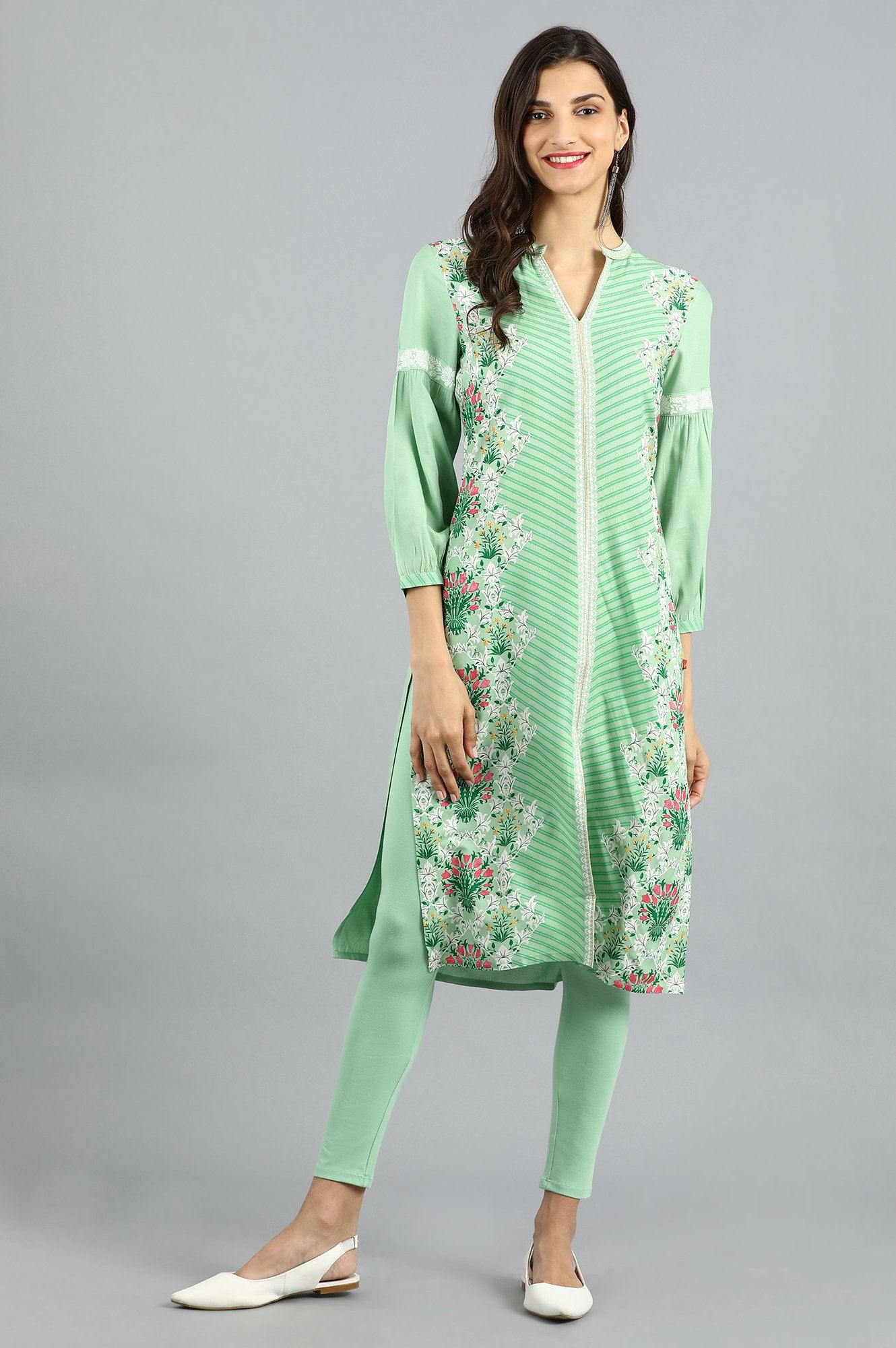 Green Mandarin Neck Printed kurta