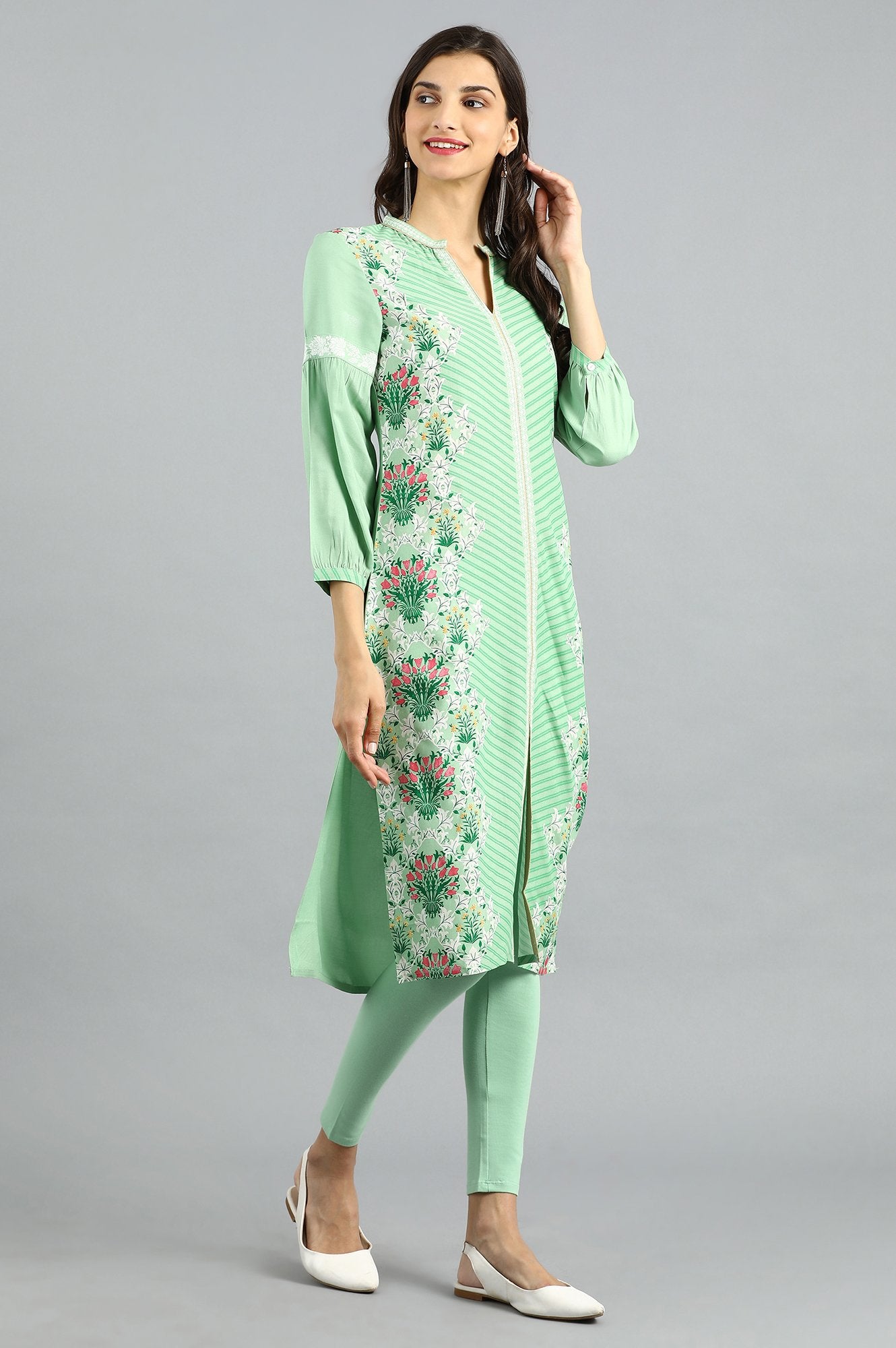 Green Mandarin Neck Printed kurta