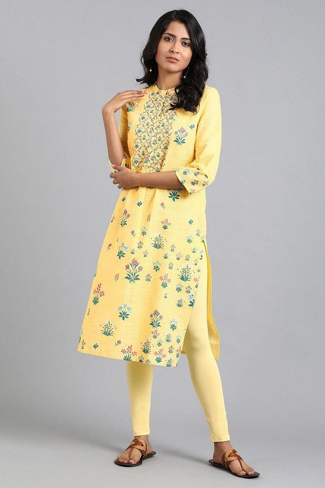 Yellow Mandarin Neck Floral Print kurta - wforwoman