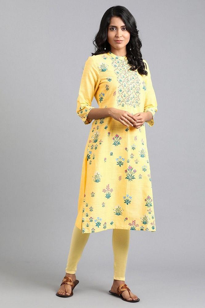 Yellow Mandarin Neck Floral Print kurta - wforwoman
