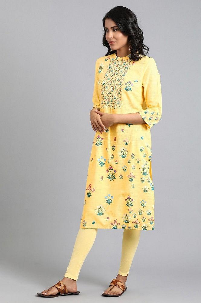 Yellow Mandarin Neck Floral Print kurta - wforwoman