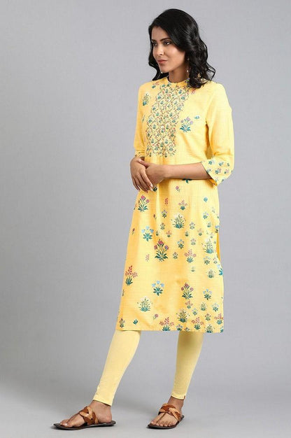 Yellow Mandarin Neck Floral Print kurta - wforwoman