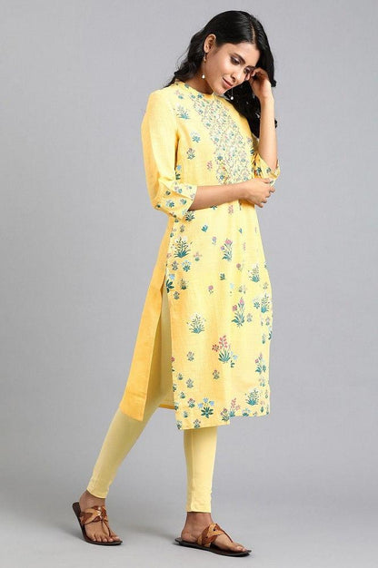 Yellow Mandarin Neck Floral Print kurta - wforwoman