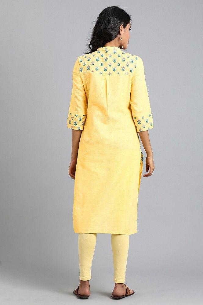 Yellow Mandarin Neck Floral Print kurta - wforwoman