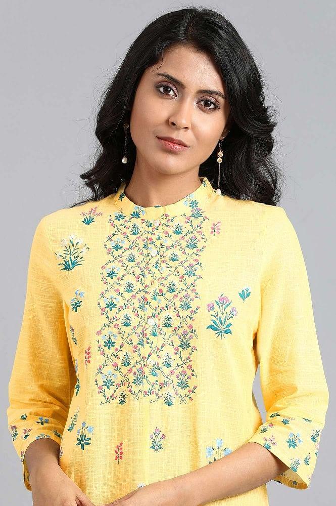 Yellow Mandarin Neck Floral Print kurta - wforwoman