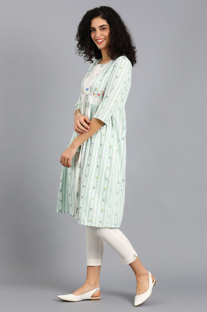 Green &amp; White Round Neck Tie-up kurta