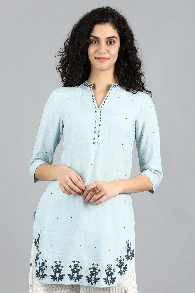 Blue Mandarin Neck Solid kurta - wforwoman