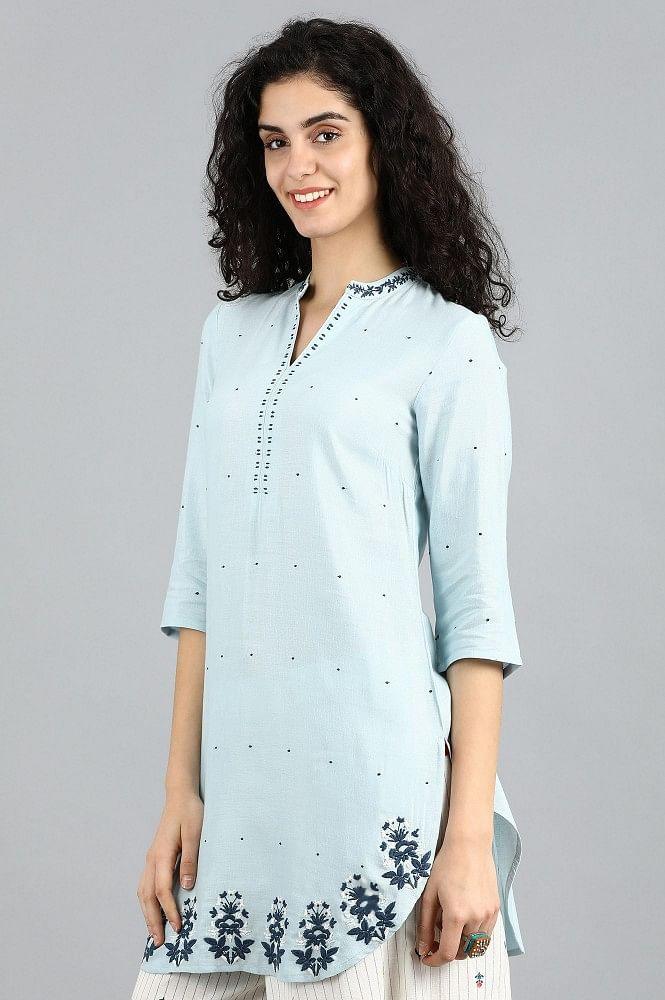 Blue Mandarin Neck Solid kurta - wforwoman
