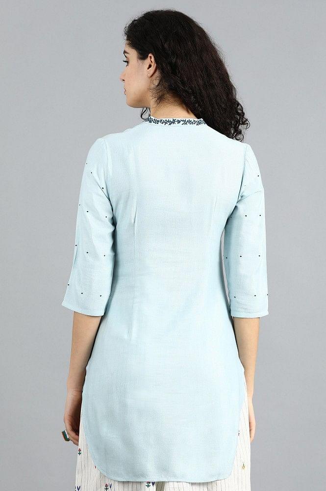 Blue Mandarin Neck Solid kurta - wforwoman