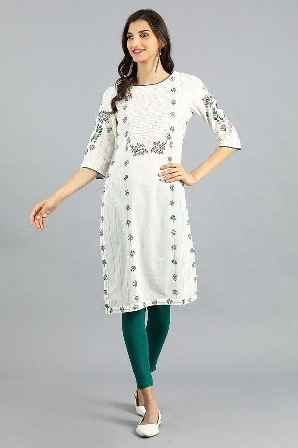 White Round Neck Printed kurta