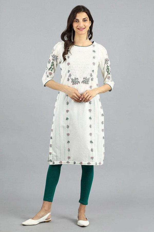 White Round Neck Printed kurta
