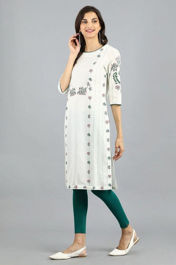 White Round Neck Printed kurta