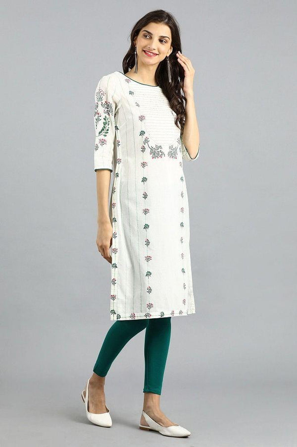 White Round Neck Printed kurta