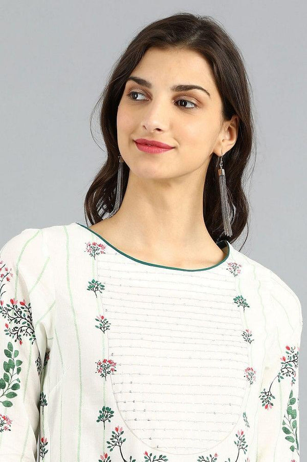 White Round Neck Printed kurta