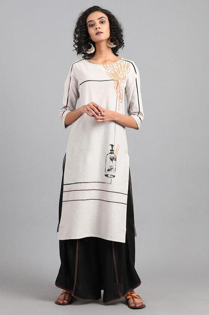 Light Grey Round Neck Printed kurta - wforwoman