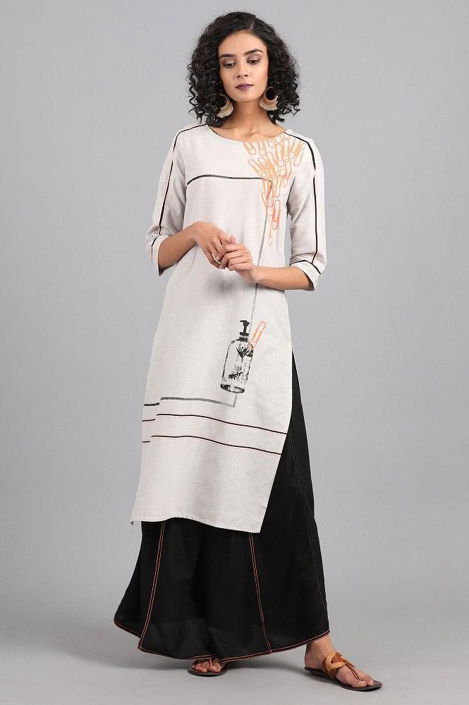 Light Grey Round Neck Printed kurta - wforwoman