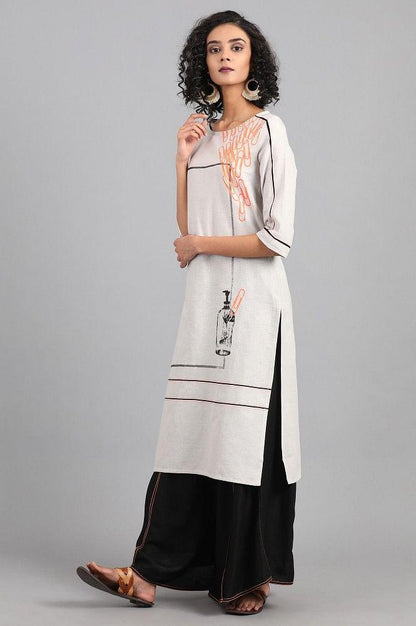 Light Grey Round Neck Printed kurta - wforwoman
